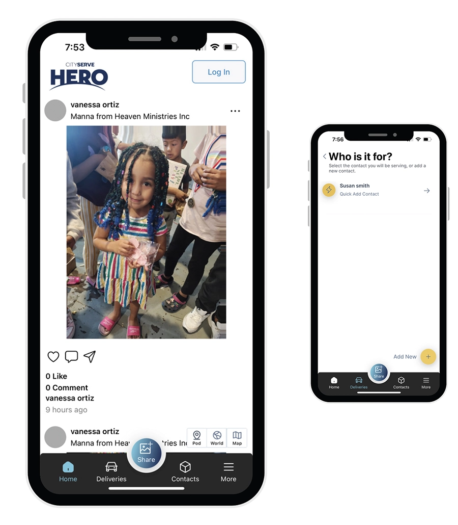 Mobile screenshots of the CityServe HERO app showing a post with a child and contact selection interface, highlighting volunteer engagement and tracking of goods-in-kind distribution.